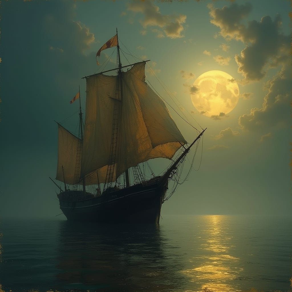 Limping Brigantine Under Full Moon's Serene Glow