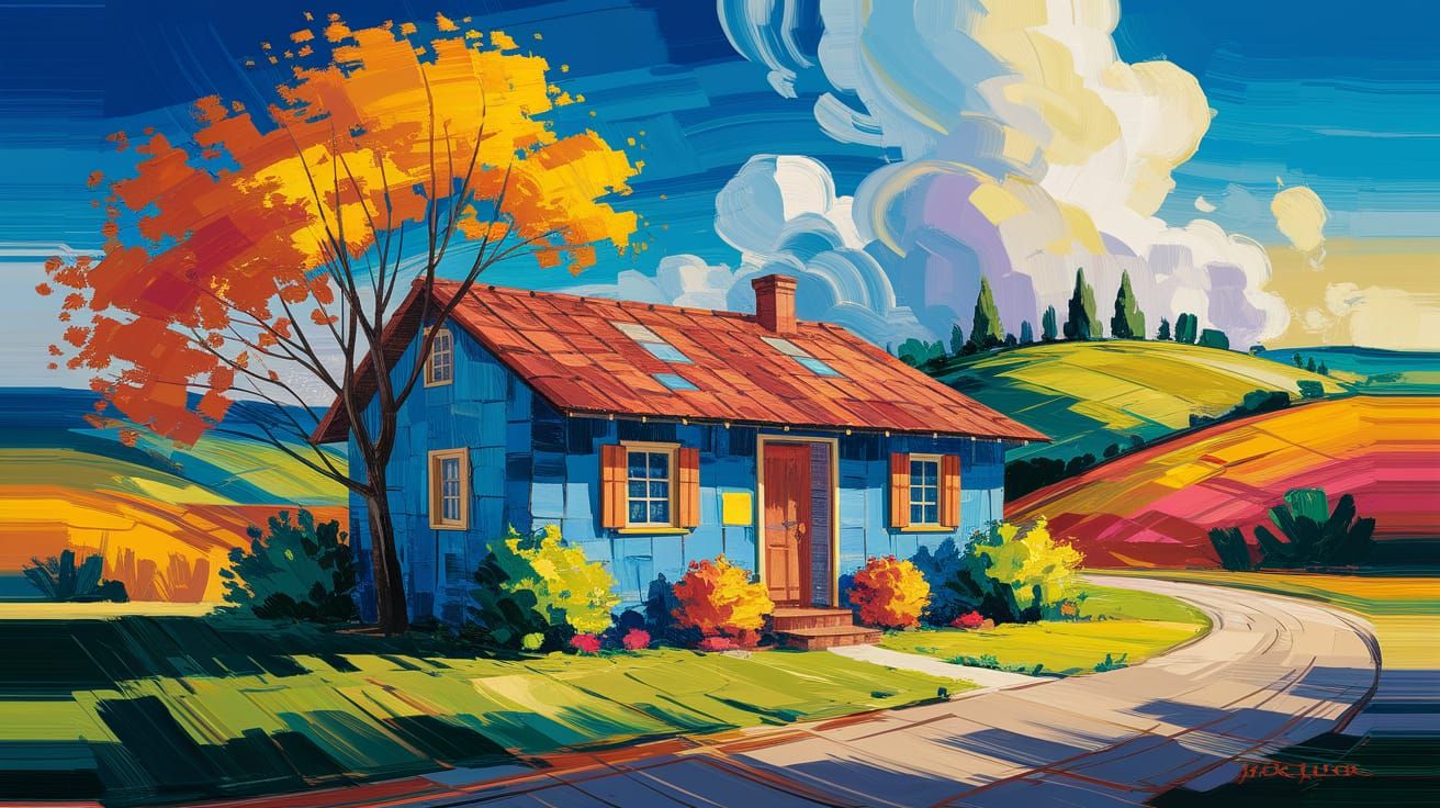 Impressionist Rustic Blue House with Vibrant Colors