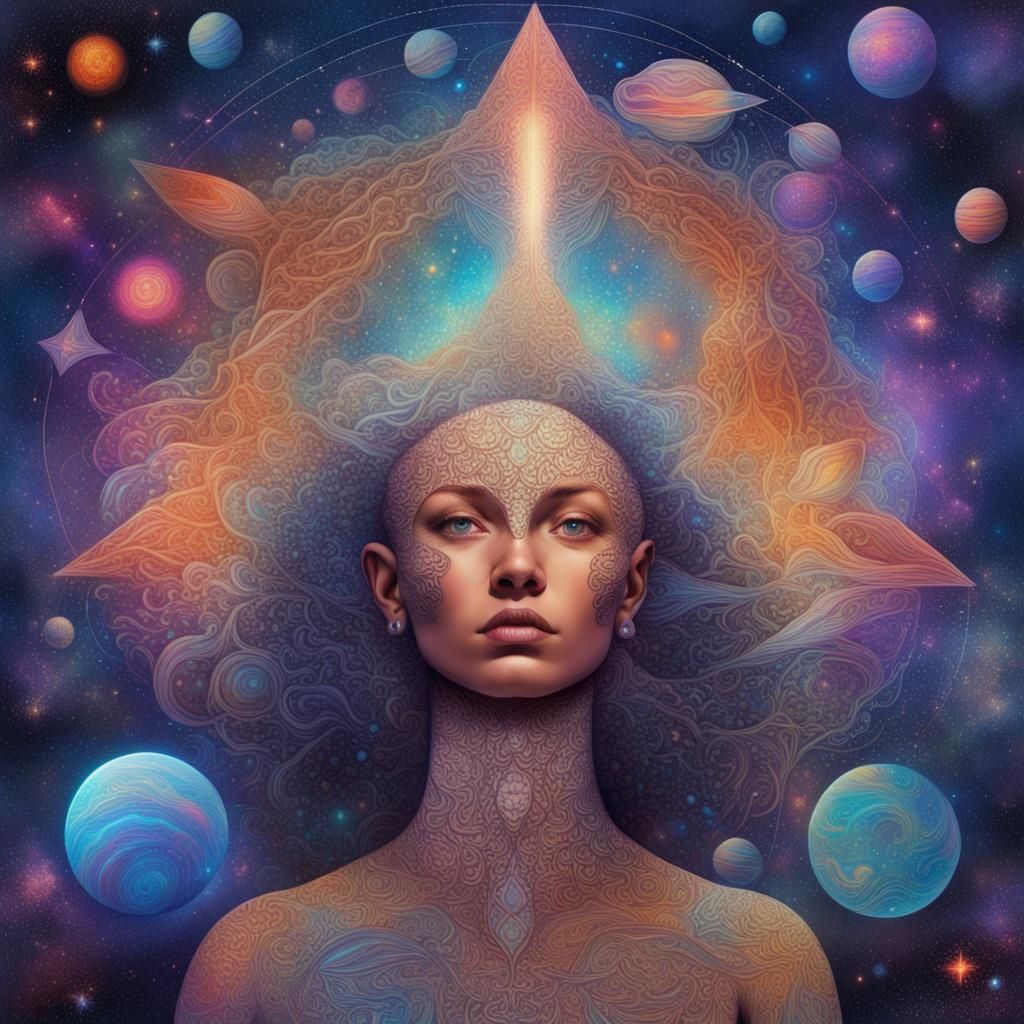Holographic Cosmic Moon Illustration in Mixed Media