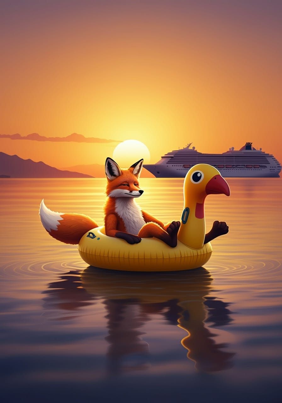 Fox on Chicken Float at Sunset