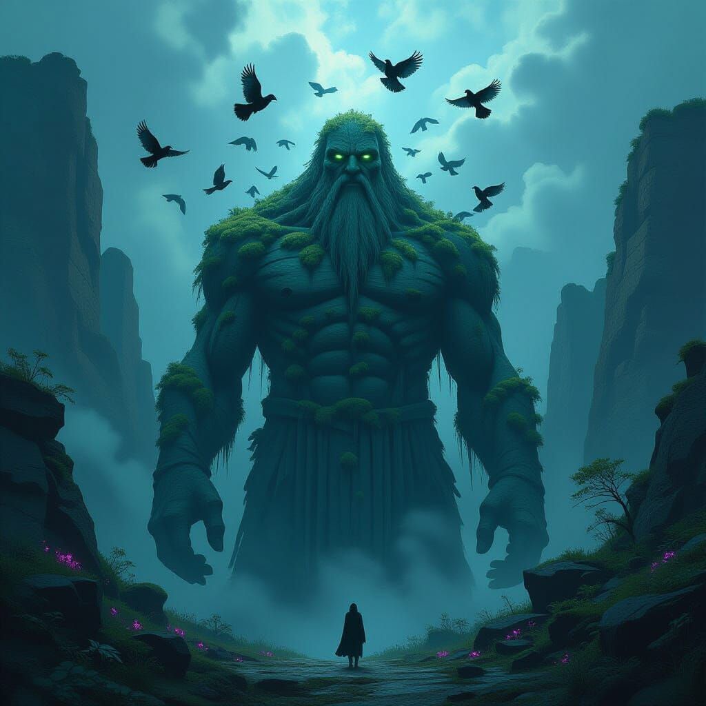 Ancient Obsidian Giant Guards Bioluminescent Valley