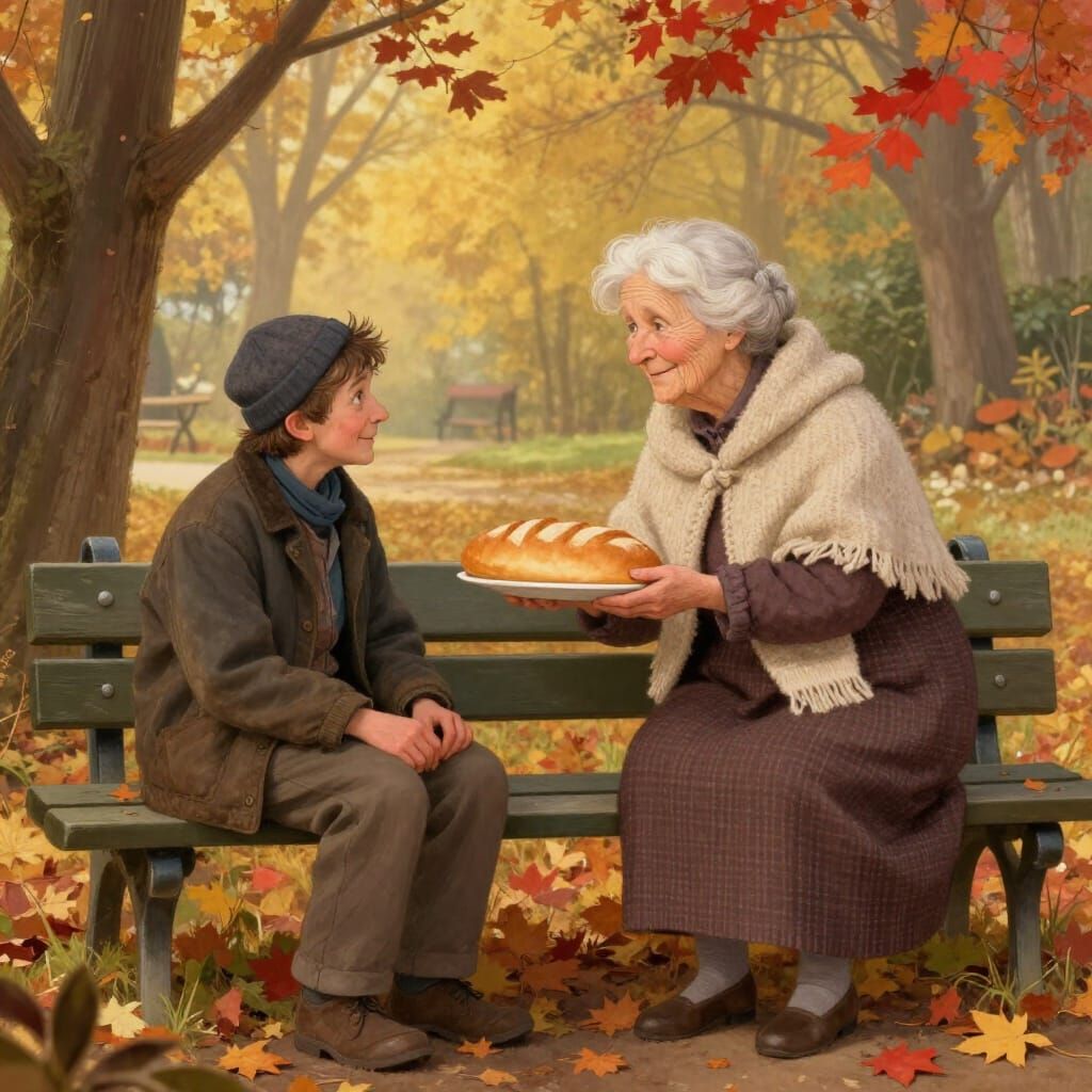 Elderly Woman Shares Bread in Whimsical Autumn Scene