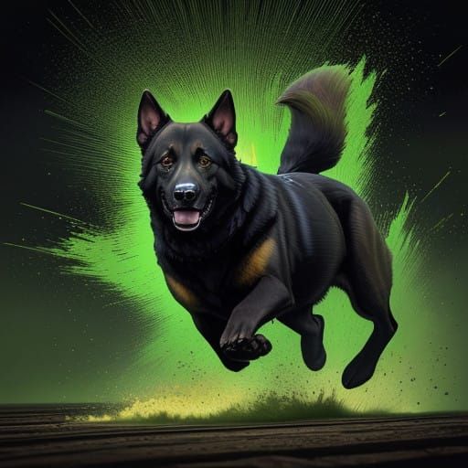 Vigilant German Shepherd in Full Sprint, Neon-Lit Landscape