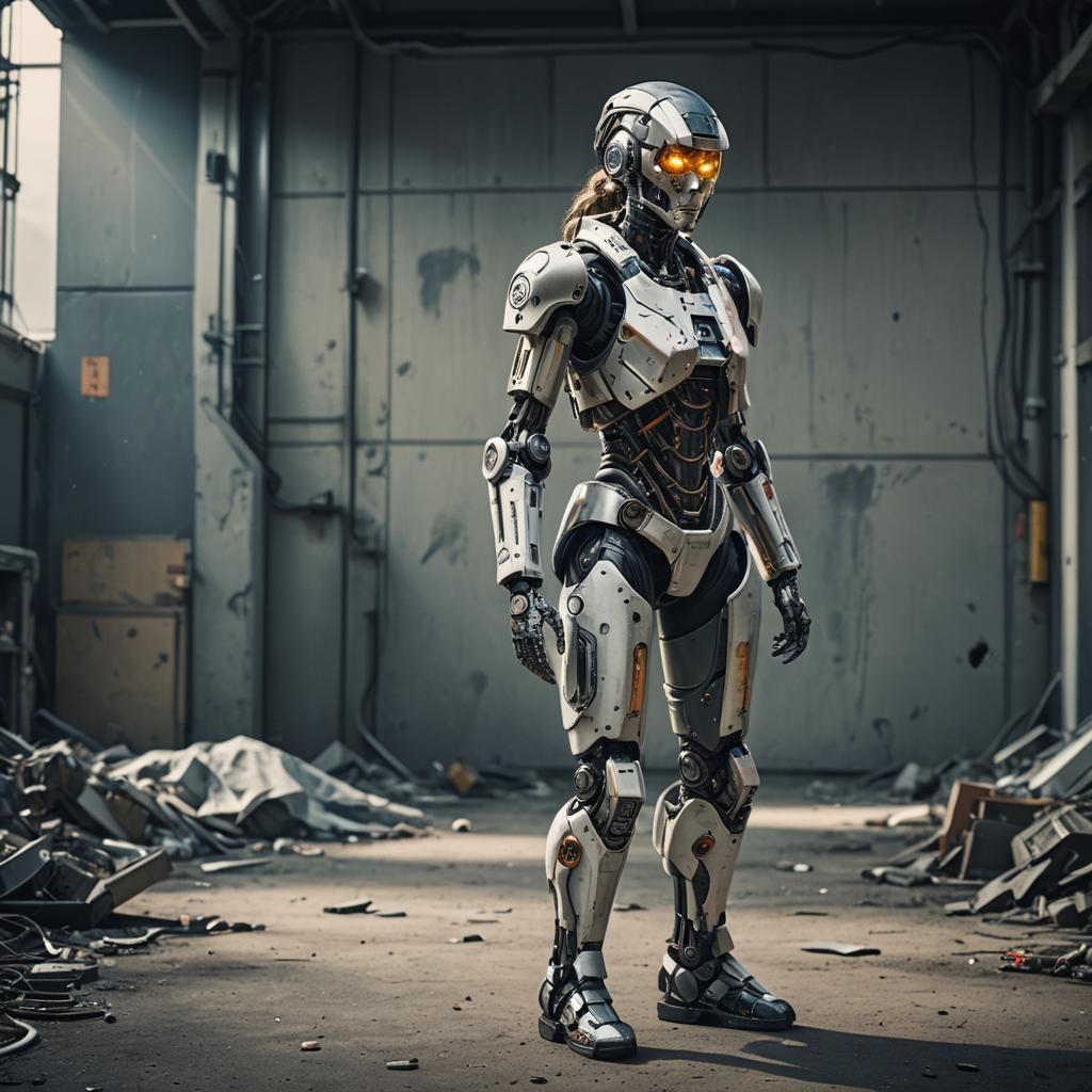 Dramatic Female Cyborg Full Body Cinematic Still