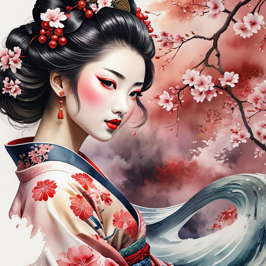 Beautiful Geisha in Watercolor Painting with Sakura