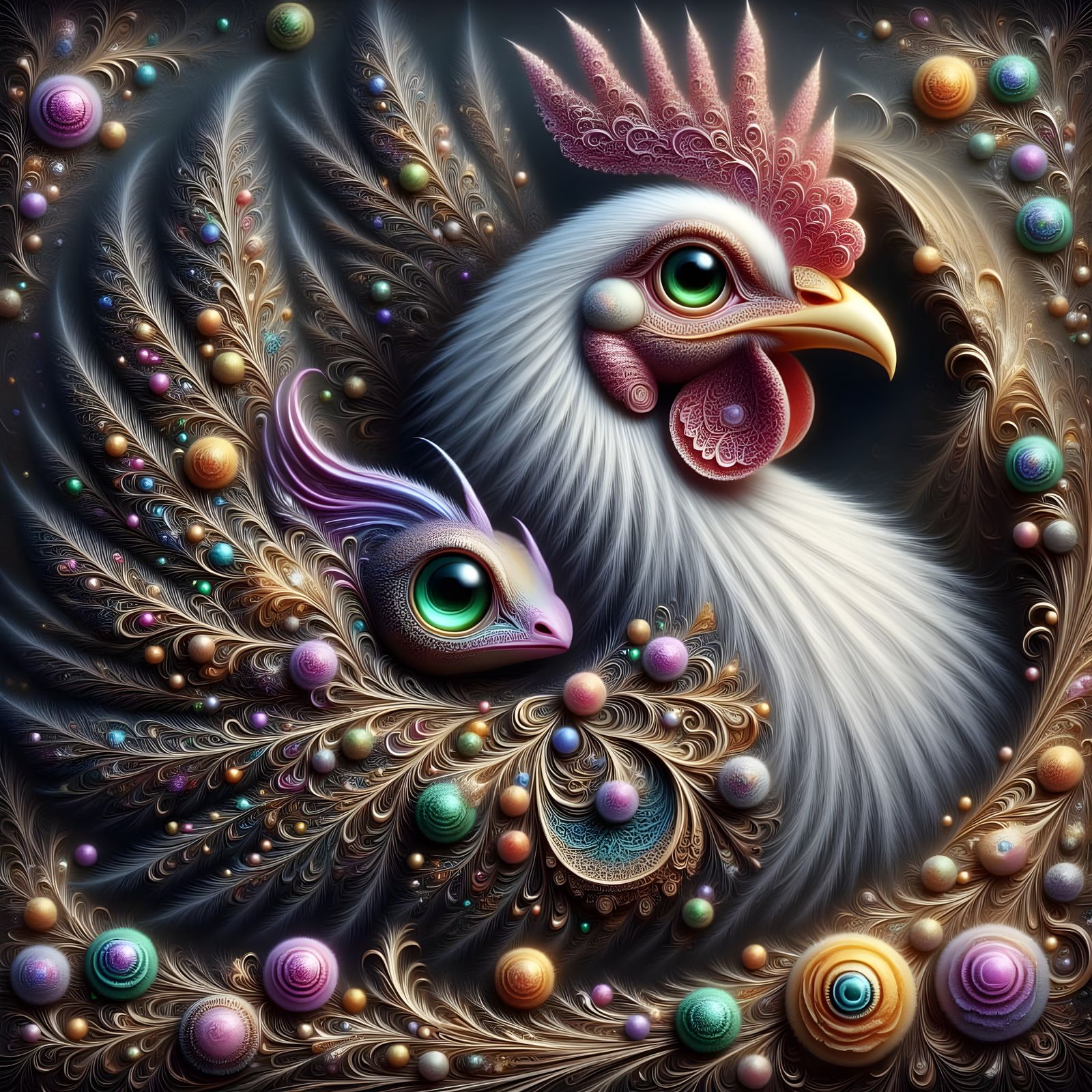 Chicken and Dragon Nesting in Ornate Barn