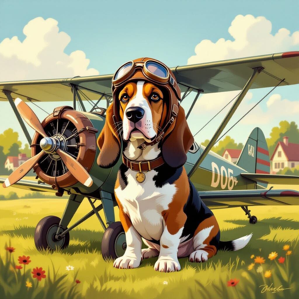 Basset Hound Pilot in Steampunk Biplane