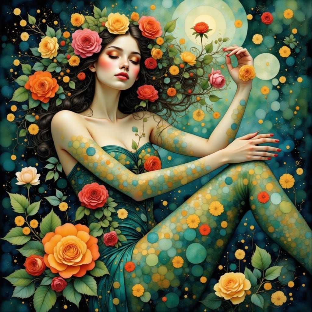 Dreamlike Woman Blossoms into Living Plant in Whimsical Wate...