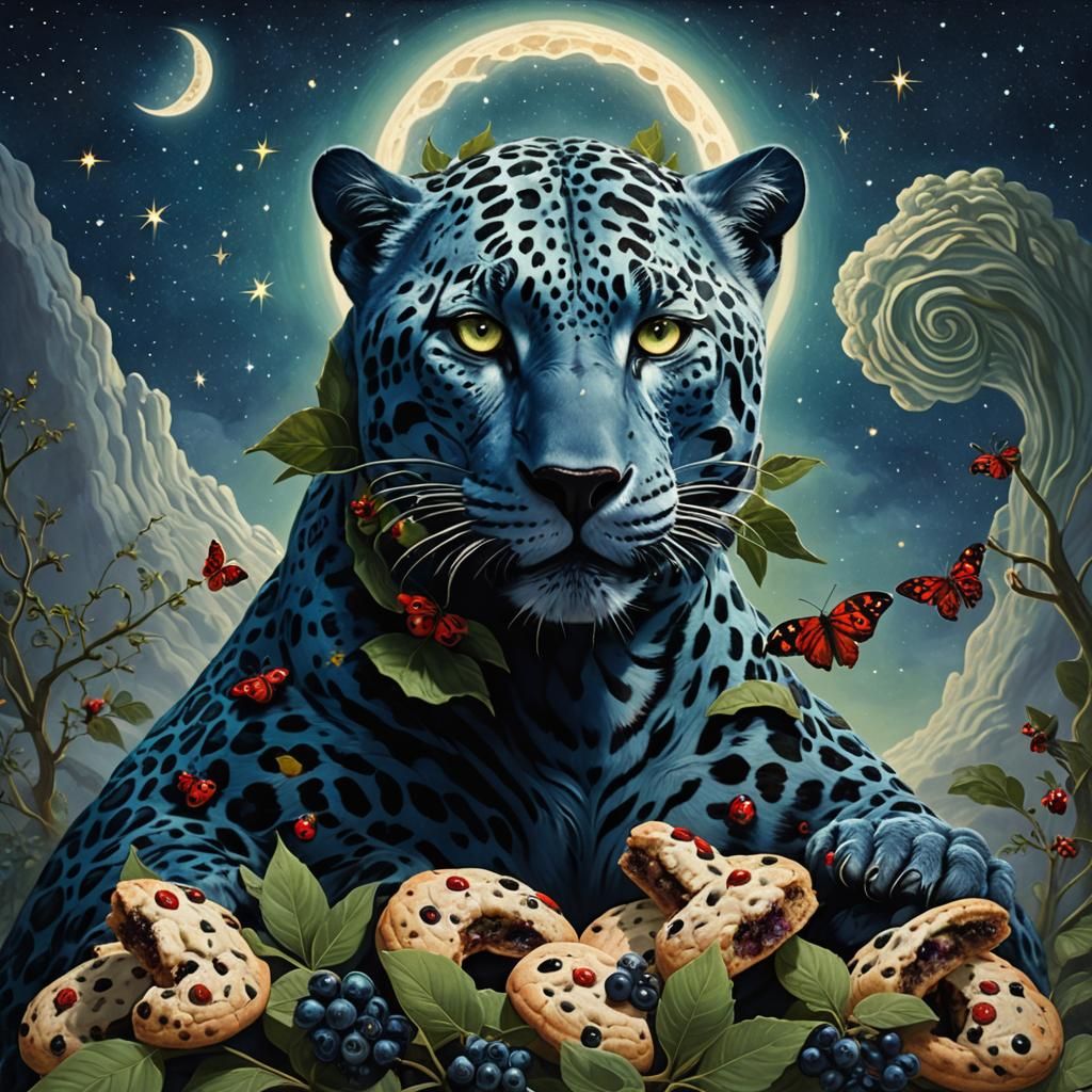 Surreal Blue Jaguar Man with Ladybugs in Starry Sky