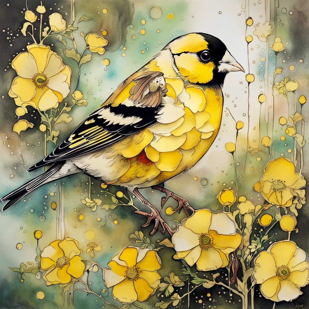 Goldfinch and Buttercups in Pre-Raphaelite Style