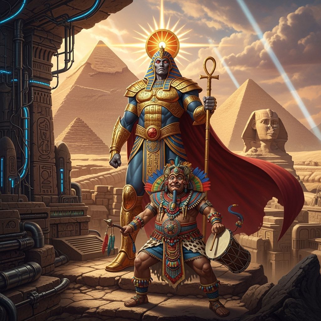 Ra Meets Bes at the Pyramids: A Digital Illustration