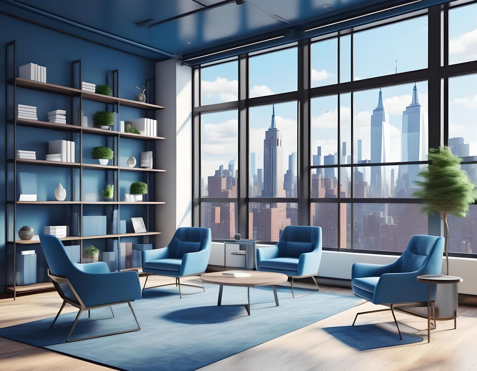 Modern Blue Office Interior in 3D Rendering
