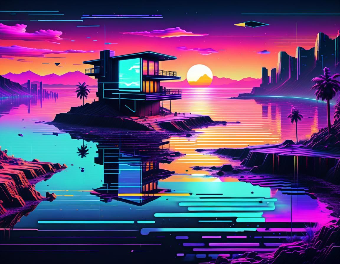 Glitchcore City Meets Cabin: Futuristic Beachscape
