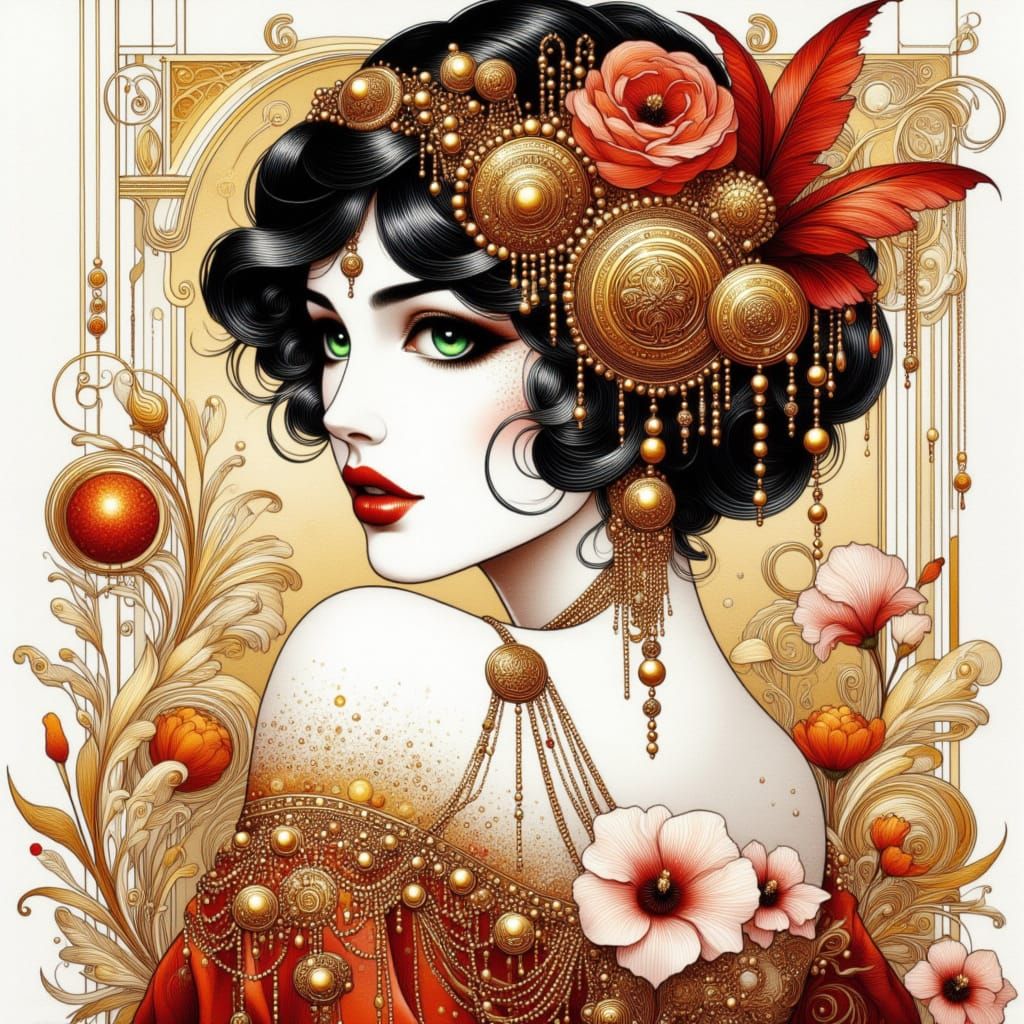 Elegant Art Nouveau Woman with Elaborate Hair Accessories