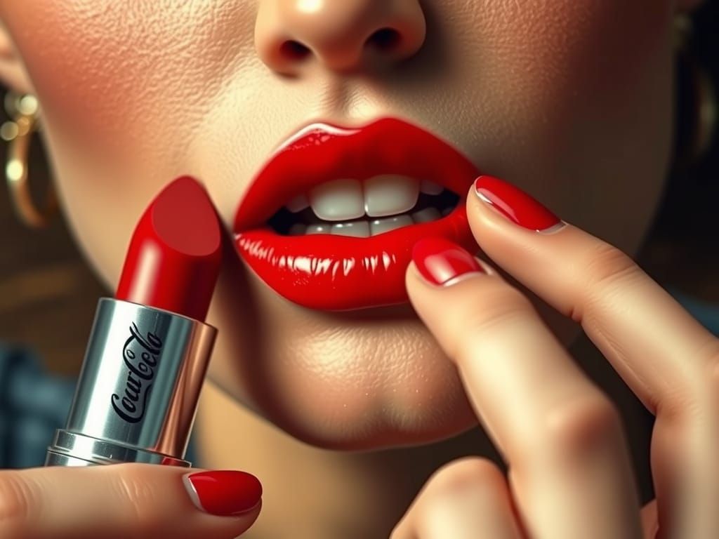 Hyper-Realistic Close-Up of Red Lips with Coca-Cola Lipstick