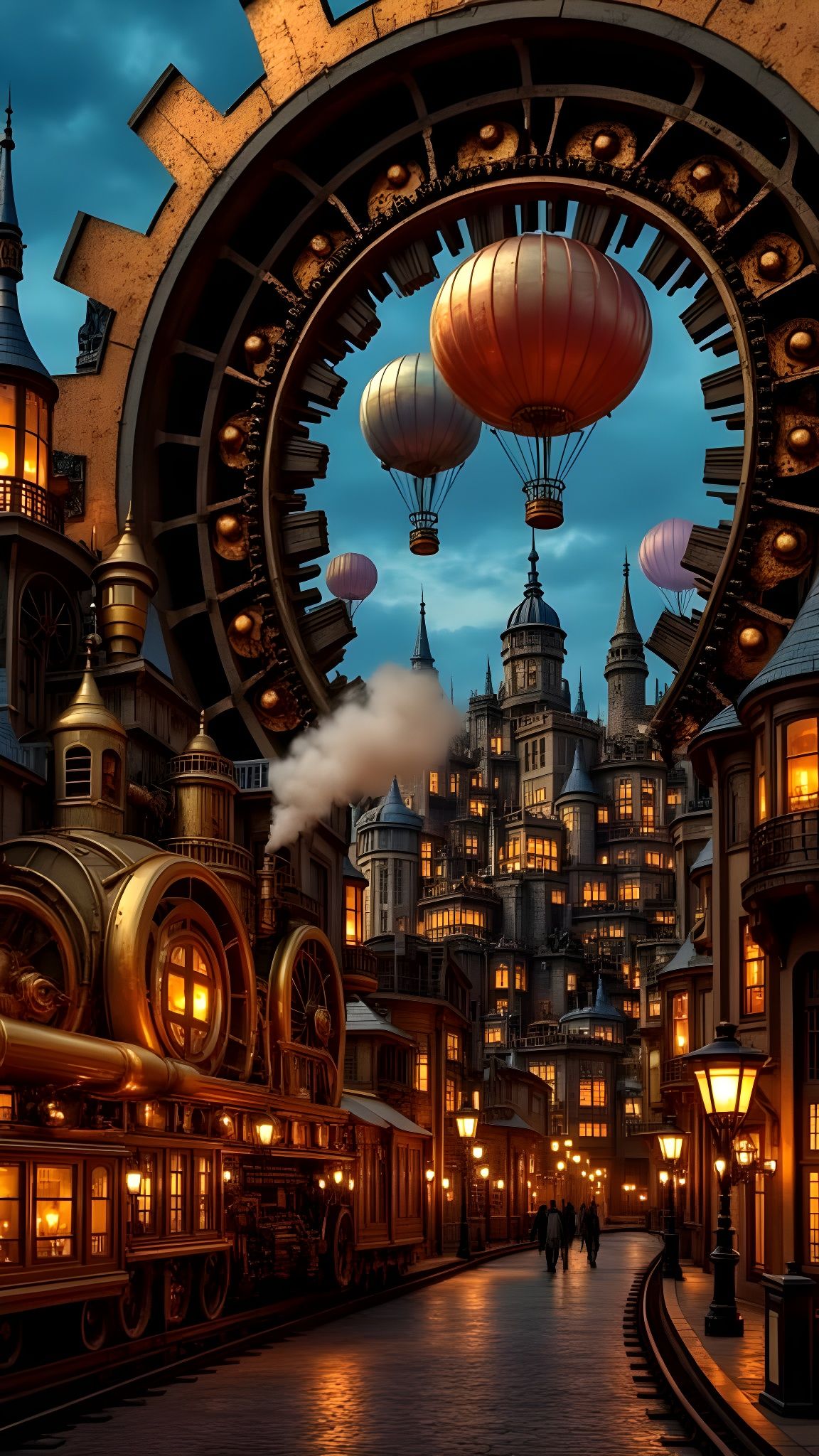 Steampunk Cityscape Through Ornate Gear at Twilight