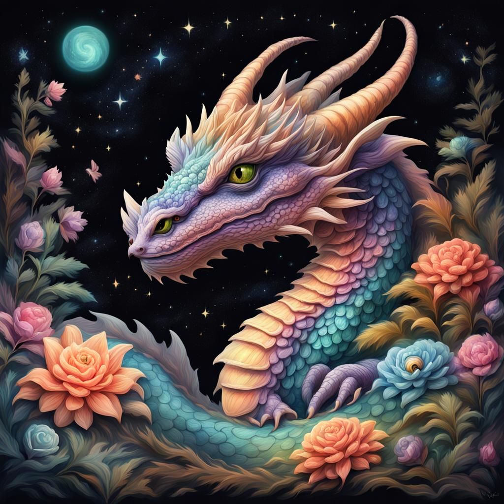 Pastel Dragon Gazing at Stars, 19th Century Style