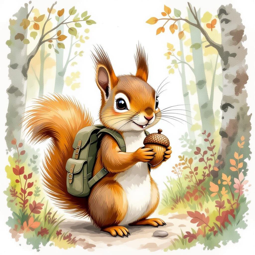 Squirrel's Forest Adventure: Watercolor Illustration