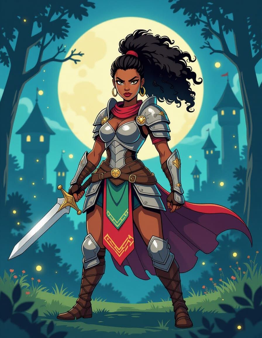 Black Woman Warrior in Forest, Retro Cartoon Style