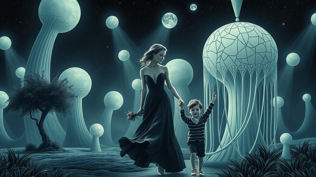 Surreal Woman and Child in Mystical Landscape