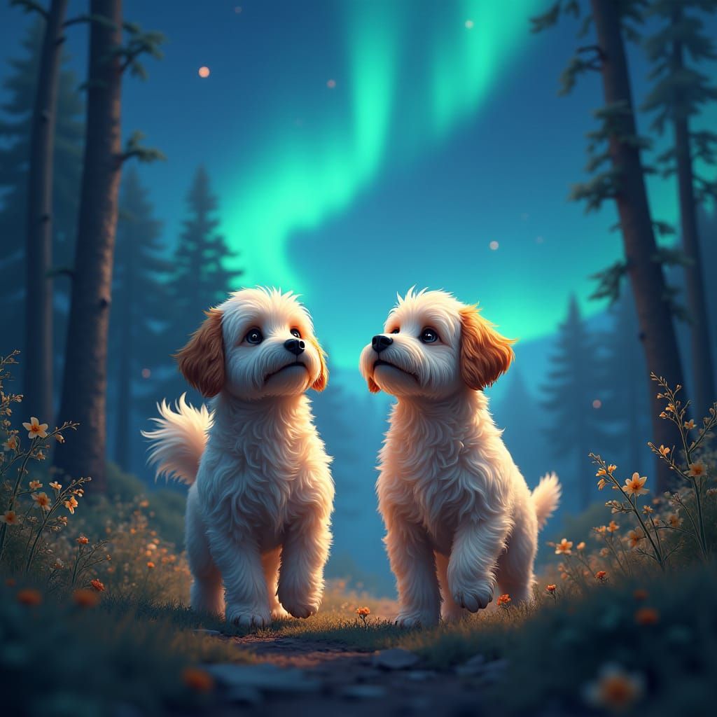 Cavachons in Mystical Forest Under Aurora Borealis