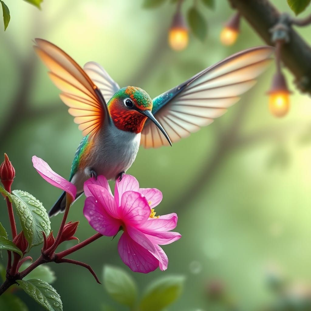 Hummingbird in Flight, Feasting on Rain-Kissed Bloom
