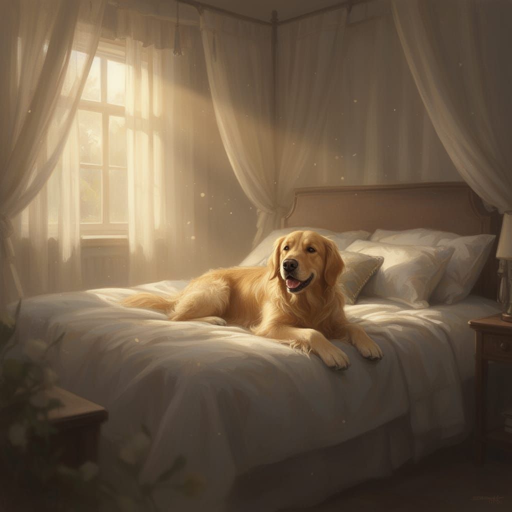 Golden Retriever Wakes on Canopy Bed in Morning Sunlight