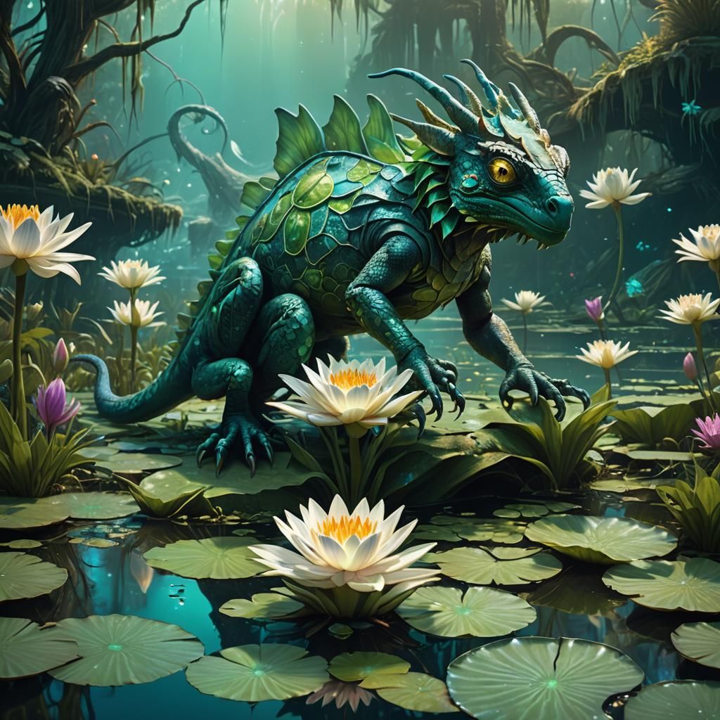 Griffin-Chameleon Hybrid in Bioluminescent Swamp