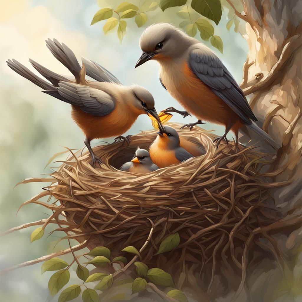 Mother Bird Feeding Babies: Digital Painting Illustration