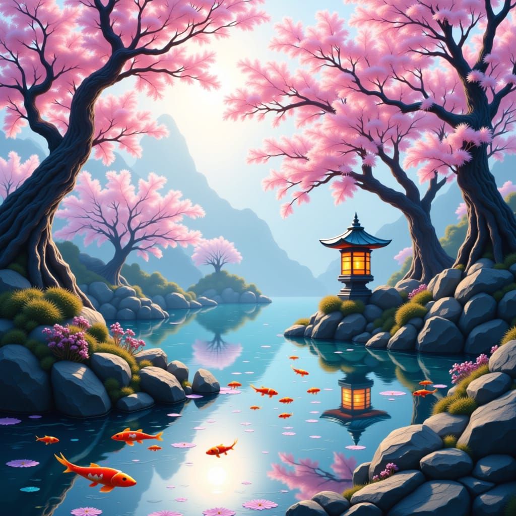Tranquil Japanese Garden with Cherry Blossoms and Koi Pond