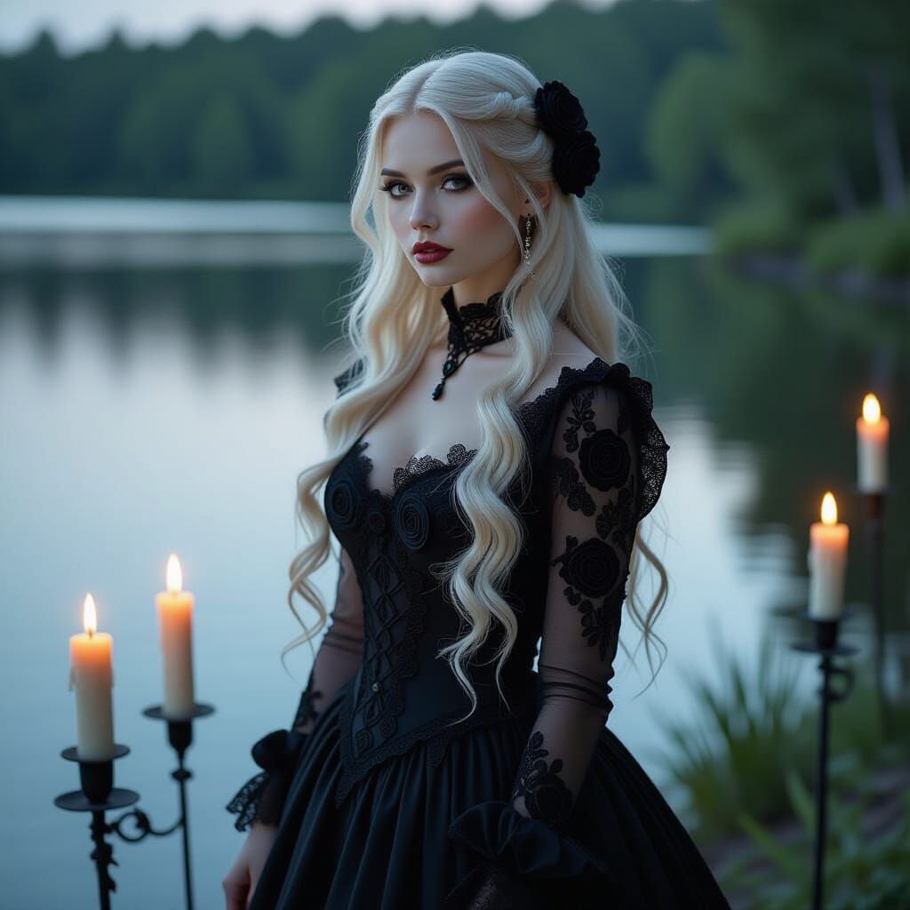 Gothic Woman in Black Rose Dress by Lake