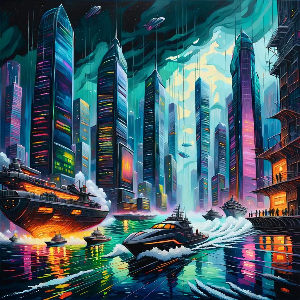 Cyberpunk Metropolis: Neon Skyscrapers and Stormy Seas