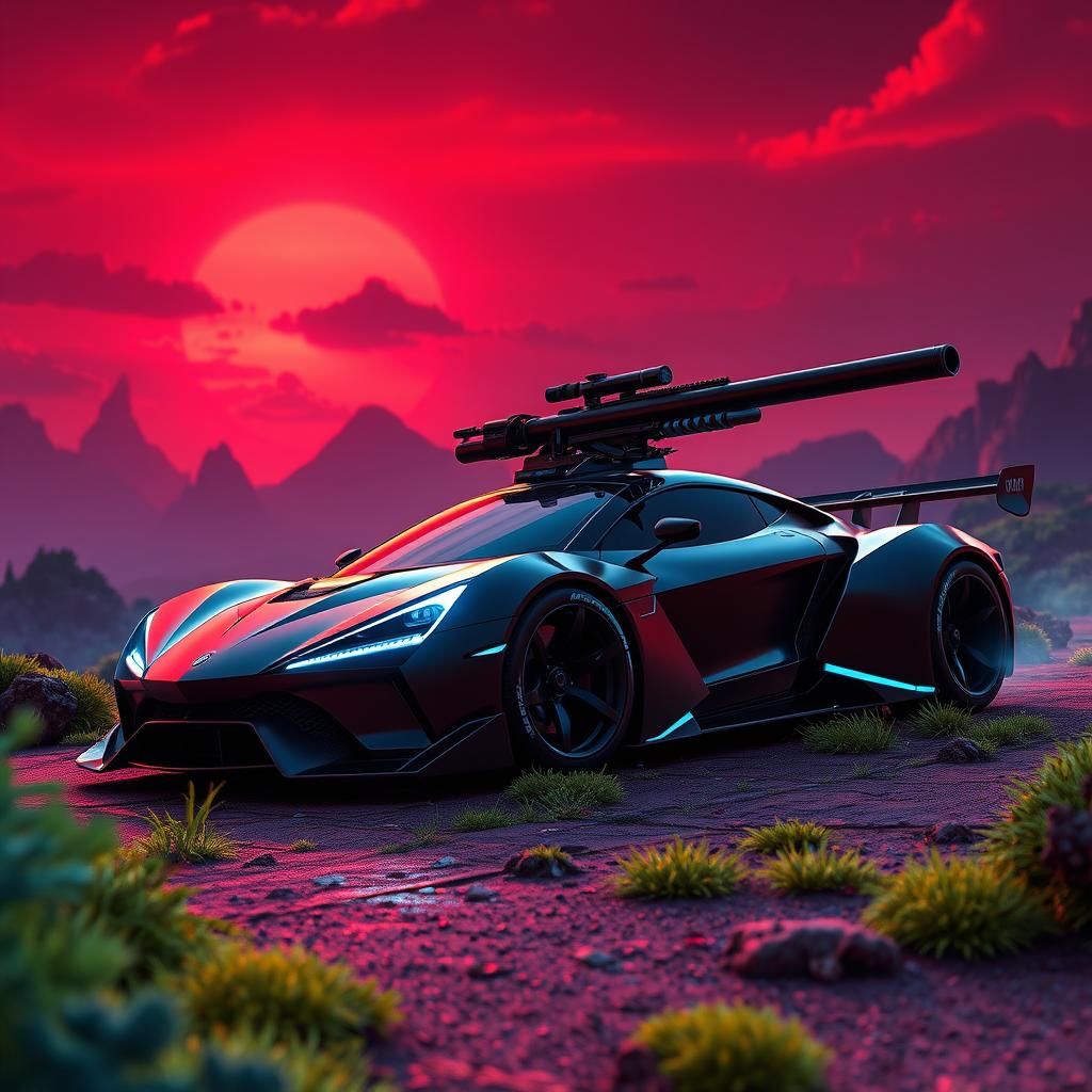 Futuristic Gatling Gun Car in Surreal Landscape