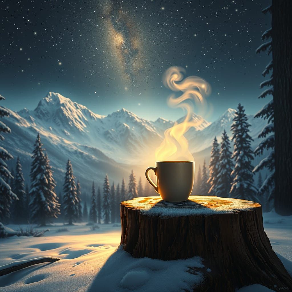 Moonlit Forest Scene with Steaming Coffee and Snowy Mountain...