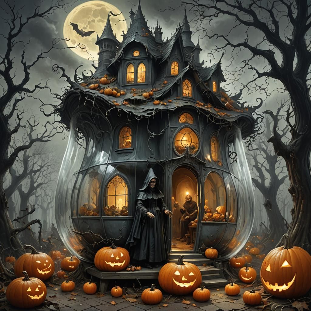 Witch in Glass Pumpkin House, Horror Illustration