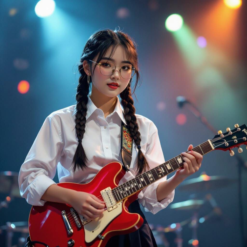 Thai Girl Plays Electric Guitar on Stage