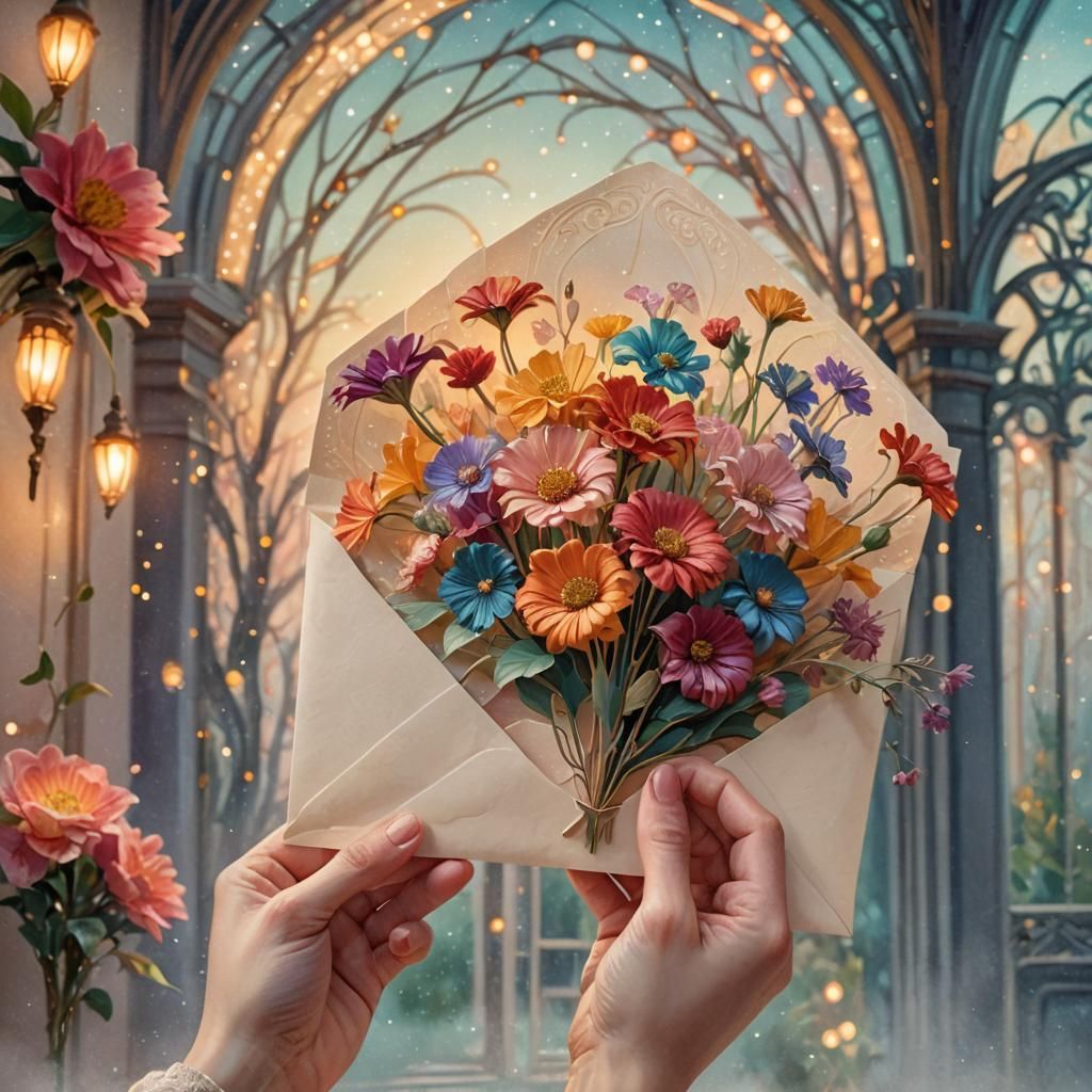 Art Nouveau Hand with Flowers and Envelope