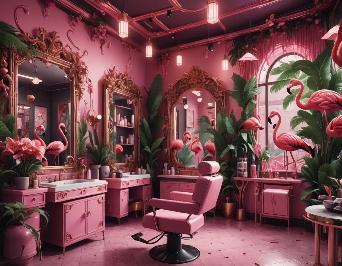 Pink Flamingo Tropical Hair Salon in Detailed Matte Painting