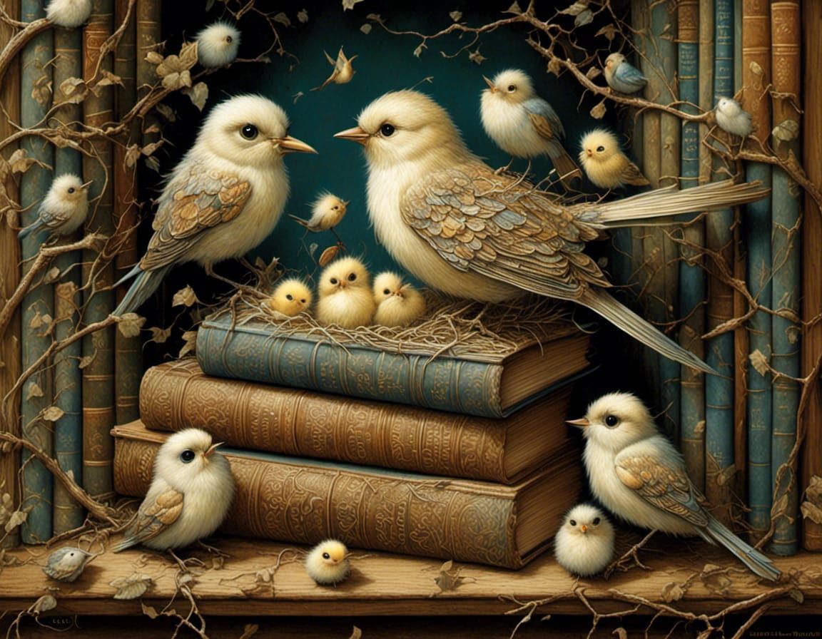 Bird Feeds Chicks in Bookshelf Nest