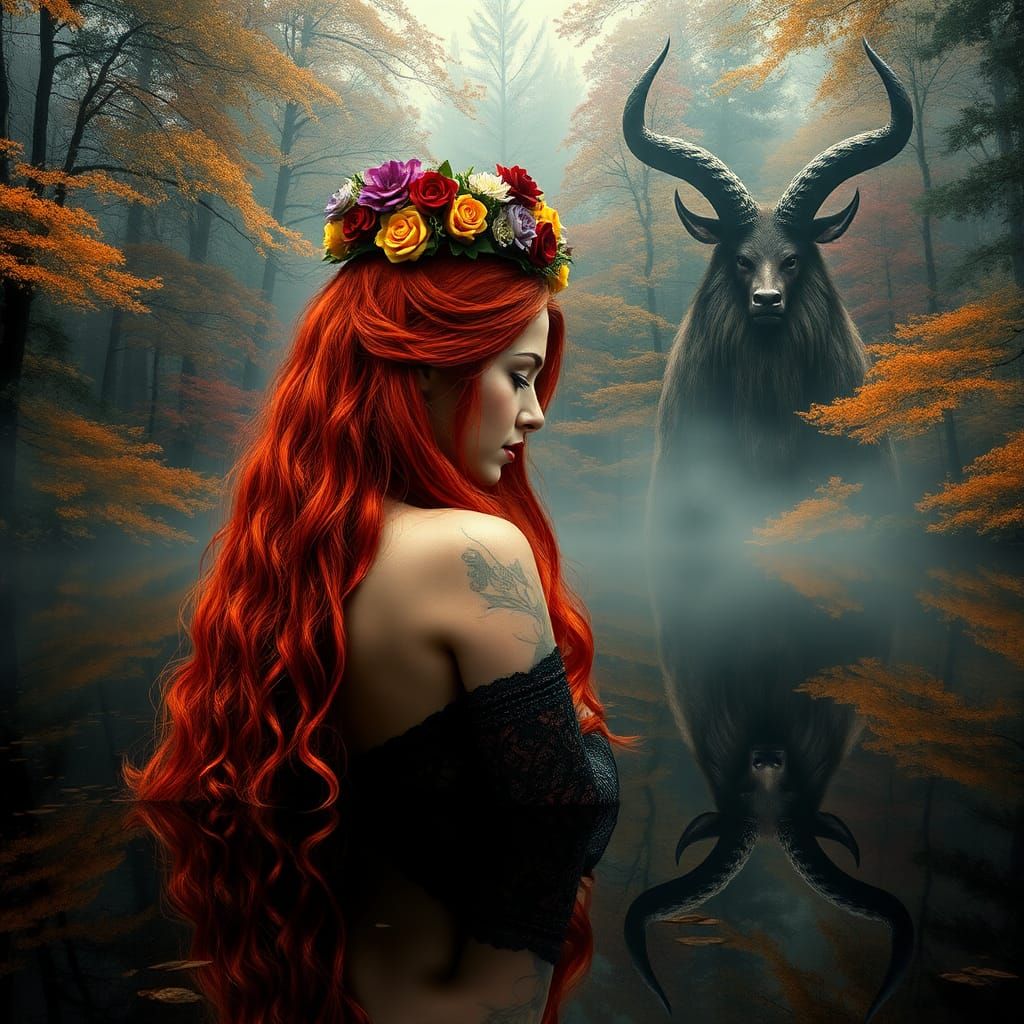 Morrigan and Cernunnos in Autumnal Forest