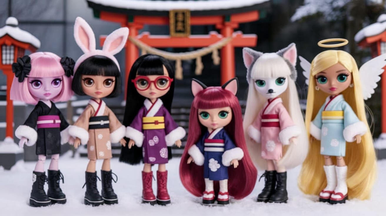 Bratz Dolls at Meiji Jingu Shrine in Winter