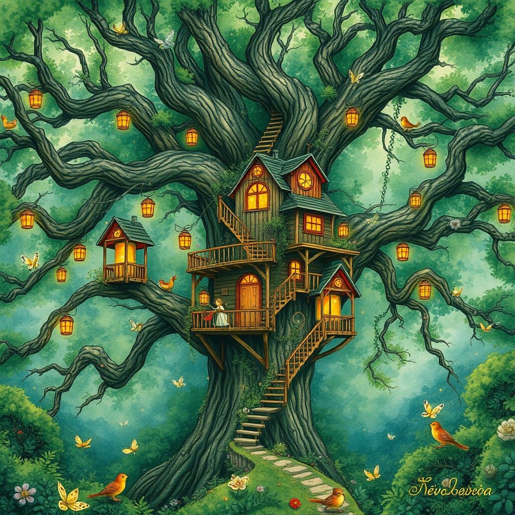 Enchanted Treehouse in Emerald Forest: Fairytale Illustratio...