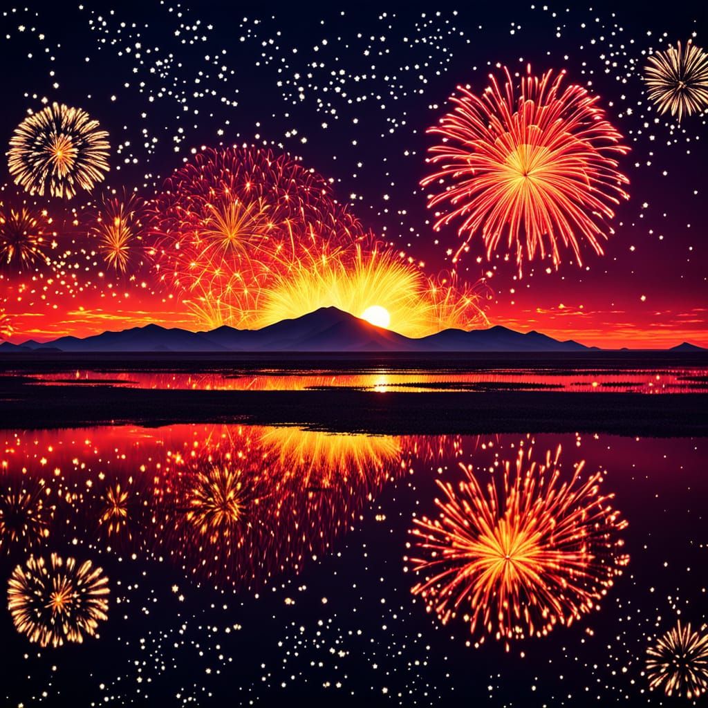 Vibrant Desert Sunset with Magical Fireworks