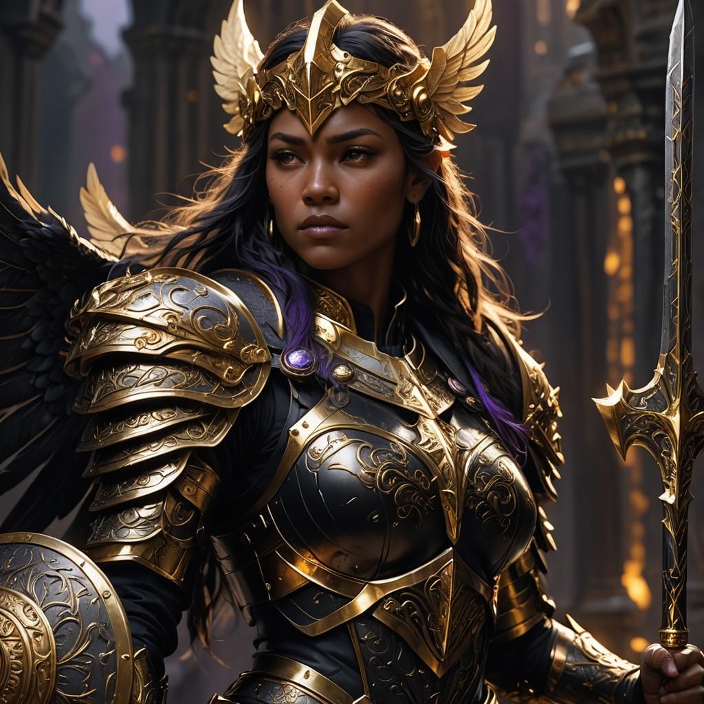 Black and Gold Valkyrie Warrior Portrait in Dark Fantasy