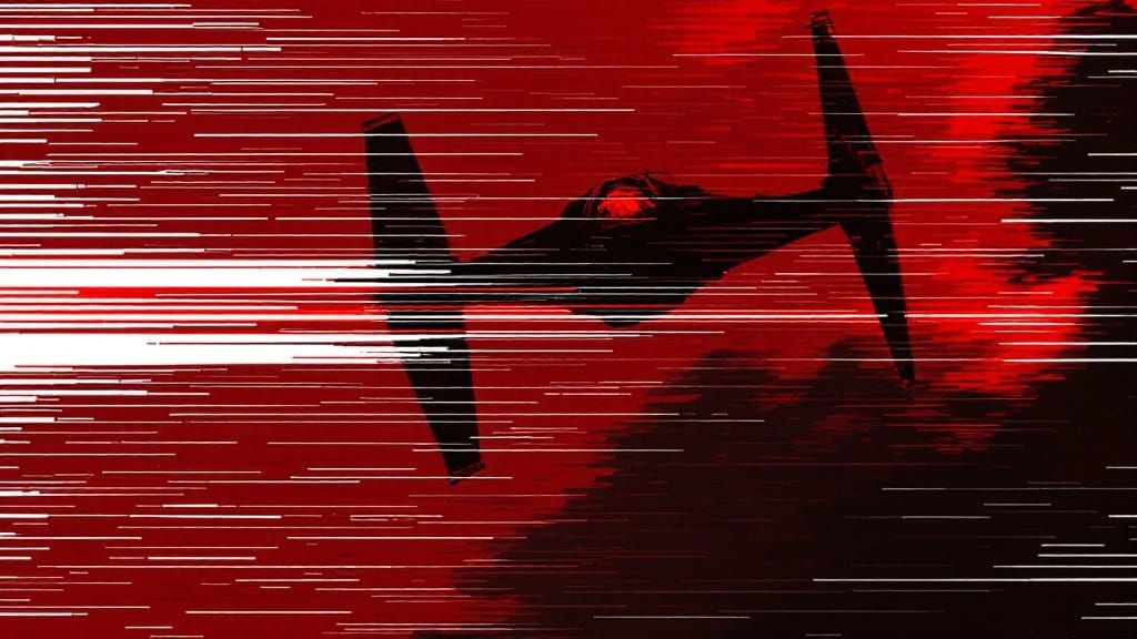 Glitching X-Wing Pursues Tie Fighter in Neon Digital Chaos