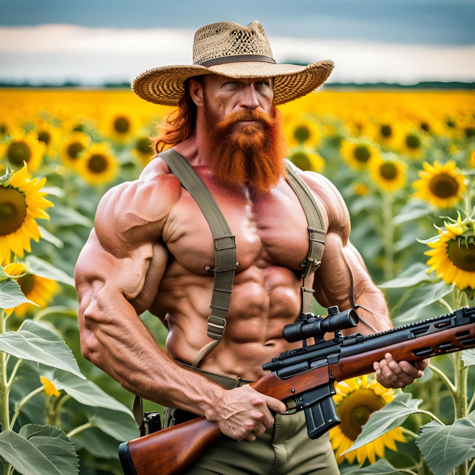 Super Muscular Man With Red Beard in Sunflowers