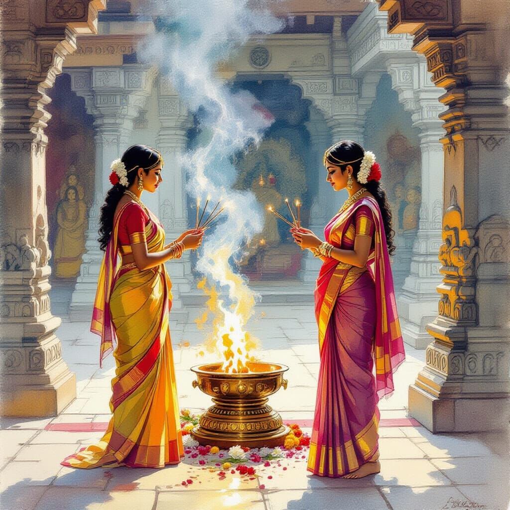 Tamil Religious Ceremony in Watercolor Style