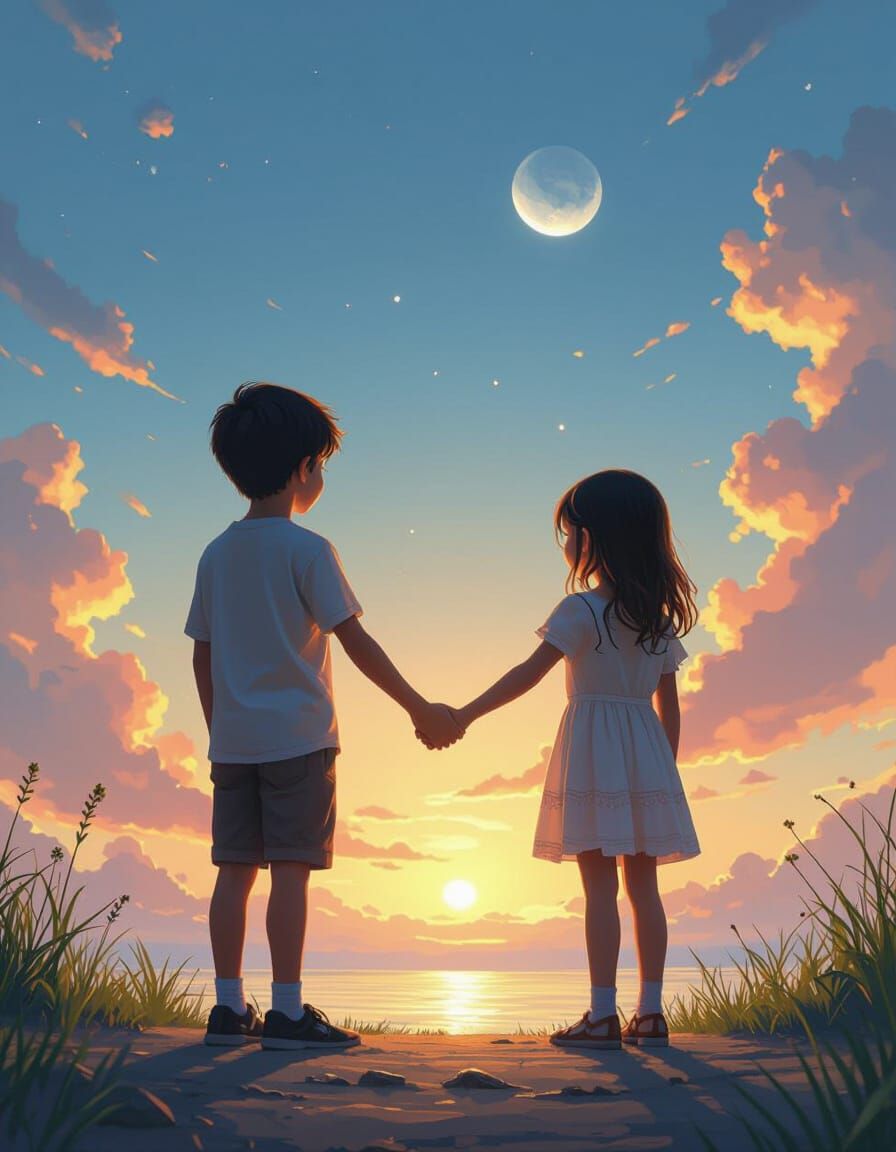 Boy and Girl Holding Hands in Nature, Fantasy Concept Art