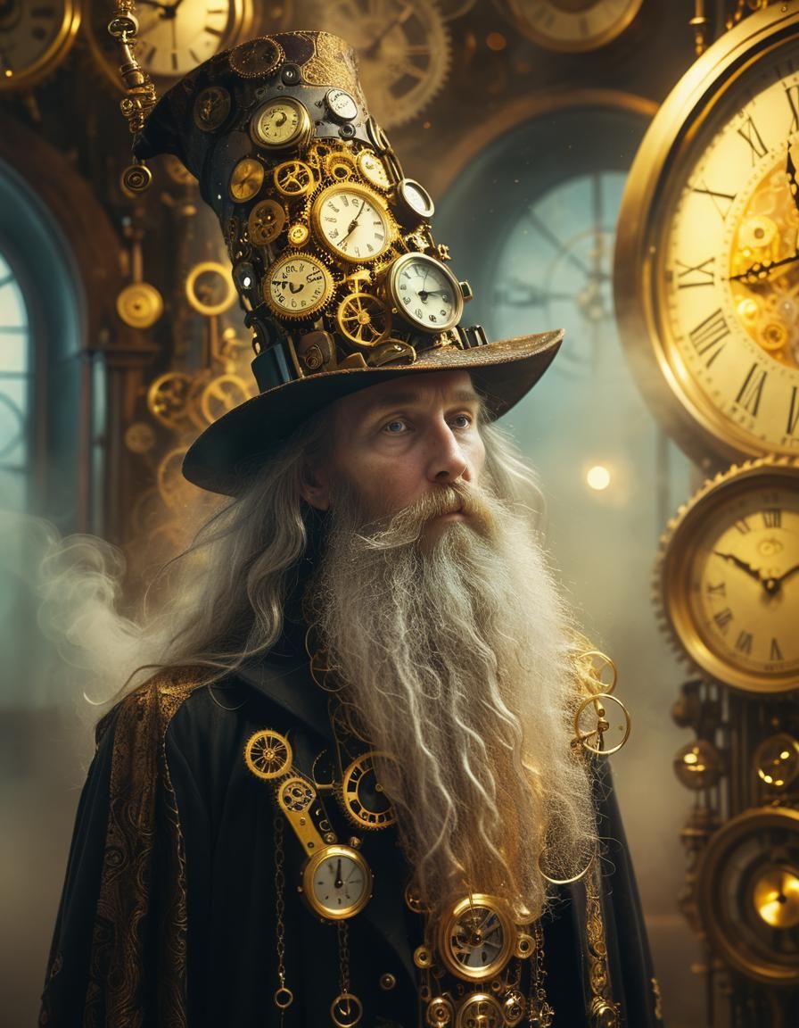 Wizard with Steampunk Clock Hat in Surreal Style