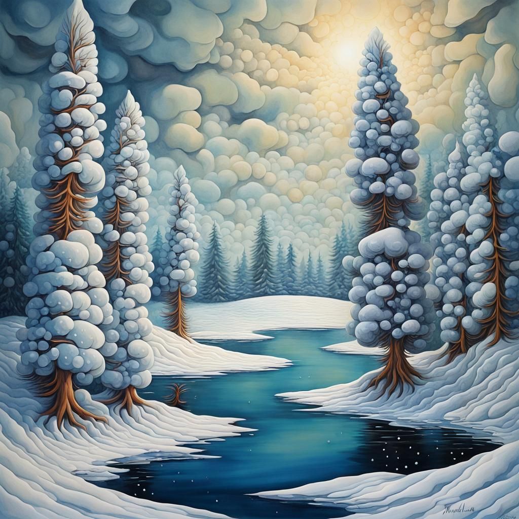 Surreal Winter Landscape with Frozen Lake, Acrylic Art